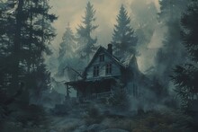 A Haunting Depiction Of A Decaying, Run-down Home Encircled By A Misty Forest And Tucked Away Behind Towering Trees That Evokes Thoughts Of Mystery And Solitude.
