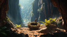 A Bird Is Sitting On A Nest In The Middle Of A Cave Filled With Plants And Rocks And A Bird Nest In The Middle Of The Cave.