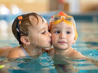 Sticker - Two young children in swimming pool with goggles and swim caps. Generative AI.