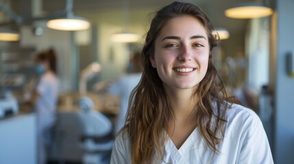 Wall Mural - A woman in a white shirt smiling in a dental office. Generative AI.