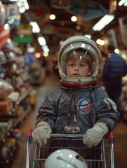 Canvas Print - A young boy in a space suit shopping in a store. Generative AI.