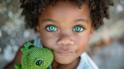 Sticker - A close up of a young child with green eyes holding a green stuffed animal. Generative AI.