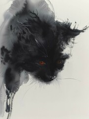 Poster - A black cat with red eyes and a white background. Generative AI.