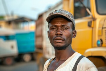 Wall Mural - A man in a hat standing next to some trucks. Generative AI.