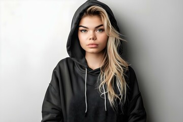 Wall Mural - Mockup of a Girl Wearing a Black Hoodie on a White Background. Concept Fashion, Mockup, Girl, Black Hoodie, White Background