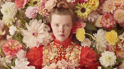 Wall Mural - a woman standing in front of a bunch of flowers wearing a red dress and holding a bouquet of flowers in front of her face.