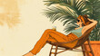An illustration of a woman reclining on an outdoor chair, relaxing in a leisurely position with a drink in her hand