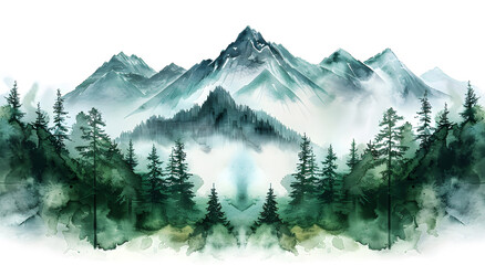 Wall Mural - Greens watercolor color watercolor abstract brush painting art beautiful mountains, peak with spruce trees.