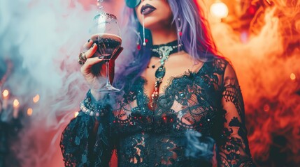 Sticker - a woman with purple hair holding a wine glass in front of a red and blue smoke filled wall behind her.