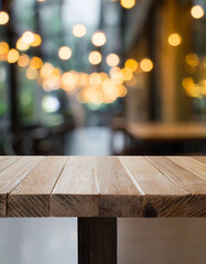 Wall Mural - empty wooden table and blurred bokeh lights cafe background, mock up for display of product, montage your products
