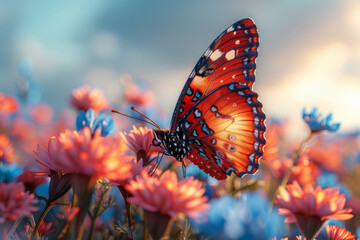 Sticker - A vibrant butterfly gracefully perched on a cluster of wildflowers, demonstrating the allure of a pollinator-friendly garden. Concept of fostering biodiversity. Generative Ai.