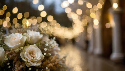 A blurred focus empty wedding venue with bokeh lighting and white decorations