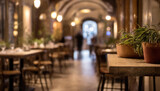 Fototapeta Boho - A blurred focus restaurant interior with bokeh lighting