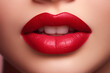 Close up of beautiful red lips. Perfect skin and plump lips with makeup. Part of face.  Make up concept. Beautiful woman.	
