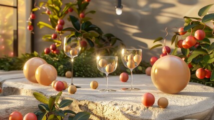 Sticker - a table topped with lots of wine glasses next to a tree filled with oranges and other fruit on top of a stone slab.