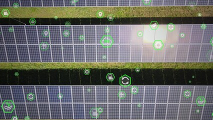 Wall Mural - Environmental Conservation Icons Over Solar Panels At Solar Farm. Aerial topdown. 3D render