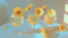 Three Sunflowers Are Sitting In Wine Glasses On A Table With A White Tablecloth And A Window In The Background.