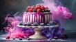 a cake topped with raspberries and blackberries on top of a cake stand with smoke coming out of it.