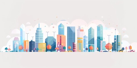 Wall Mural - A simple flat cityscape with buildings and trees, showcasing urban life in shades of blue composed of geometric shapes representing skyscrapers Generative AI