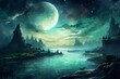 A celestial landscape with hues of teal and emerald green