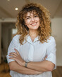 © Miljan Živković - Portrait of one caucasian woman stand happy confident at cafe indoor