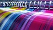 Printed sheets being fed into an offset printing press, showcasing the vibrant CMYK color model in action