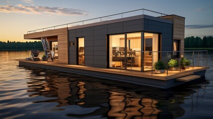 A photo of a modern houseboat with sustainable environment