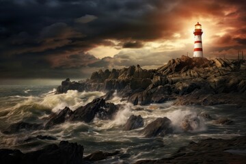 Wall Mural - Lighthouse on a rocky shore under a dramatic sky background