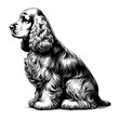English Cocker Spaniel sitting. Hand Drawn Pen and Ink. Vector Isolated on White. Engraving vintage style illustration for print, tattoo, t-shirt.	