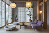 Fototapeta Perspektywa 3d - Serene Japandi style with lavender and dove gray hues, minimalist furniture, and delicate lighting.