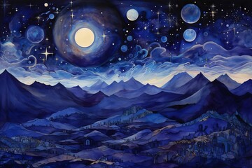 Wall Mural - A celestial landscape with a palette of deep sapphire and cobalt