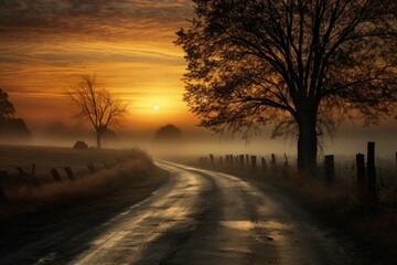 Wall Mural - A deserted road at dawn, bathed in the soft light of the rising sun