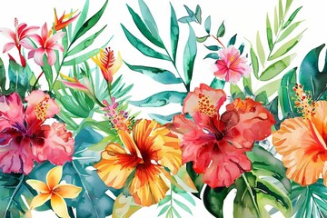 Wall Mural - Vibrant watercolor floral bouquet with tropical leaves and flowers, spring wedding invitation background