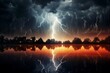A dramatic reflection of a thunderstorm with lightning streaking across the sky
