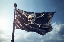 A Pirate Flag Fluttering In The Wind, Adorned With The Iconic Skull And Crossbones Emblem Of The High Seas