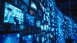 © Nemanja - Many blue digital display screens on the wall symbolizing television and entertainment broadcasting, internet multimedia and streaming collage, advertising channels, network panel HD collection