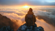 Rearview Of A Man Wearing A Backpack, Sitting On A Rocky Mountain Top Peak Cliff Edge Rock Watching Horizon Sunset Or Sunrise Over Clouds. Extreme Nature Adventure,hiking Activity,journey Success