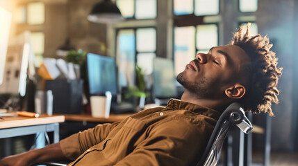 Young African American man sleeping in office chair. Closed eyes, businessman or corporate company employee worker taking a break from work on his job workplace, burnout, tired, fatigue, copy space