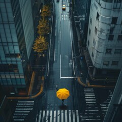 Take an overhead shot, below the tall building, on the rainy street. A man is holding a yellow umbrella, and the umbrella is running across the street. The raindrops fall down near a large surface