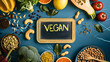 Top view of chalkboard with text vegan on the table surrounded by plant based nutrition groceries and foods including fruits, vegetables, greens, nuts and seeds. Fresh healthy raw meal ingredients