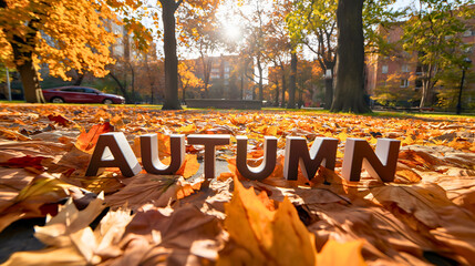 Wall Mural - Text autumn on the fall forest park ground with yellow and orange leaves. Beautiful nature foliage season outdoors, September, October, November morning sunlight scene outside in the woods