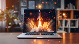 Fototapeta  - Rocket launch from laptop on office table to fly up in air. Business startup new idea project development, internet marketing strategy growth, future product progress on a website, speed power boost