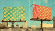 Old retro vintage vibe advertisement billboards with city buildings and sky in background. Promotion announcement commercial poster, grunge upcoming event placard information display, nostalgia