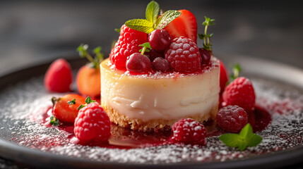 Poster - Delectable cheesecake with fresh berries and mint garnish