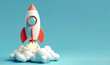 3d cartoon rocket launched blue background copy space area