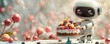 Cartoon Delivery Robot with Cake: Bright Fruits and Berries in Decoration