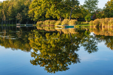 Wall Mural - Natural landscape of the lake, high definition, the movement of waves against the background of the autumn forest. The reflection of clouds on the ripples of water. Germany.