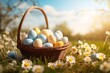 Colorful easter eggs in basket on green grass with yellow flowers