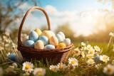 Fototapeta Londyn - Colorful easter eggs in basket on green grass with yellow flowers