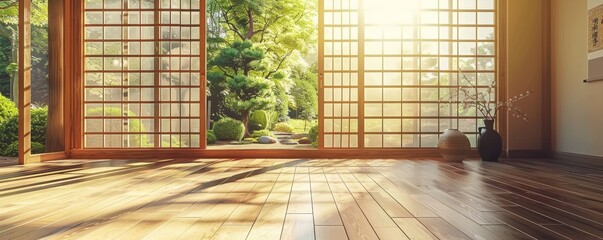 Poster - Serene japanese garden view from traditional room